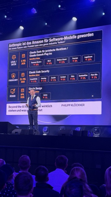 Philipp Klöckner auf der OMR Bühne mit der Folie 'Anthropic ist das Amazon für Software-Modelle geworden' und Beispielen aus Legal, Cybersecurity und Design